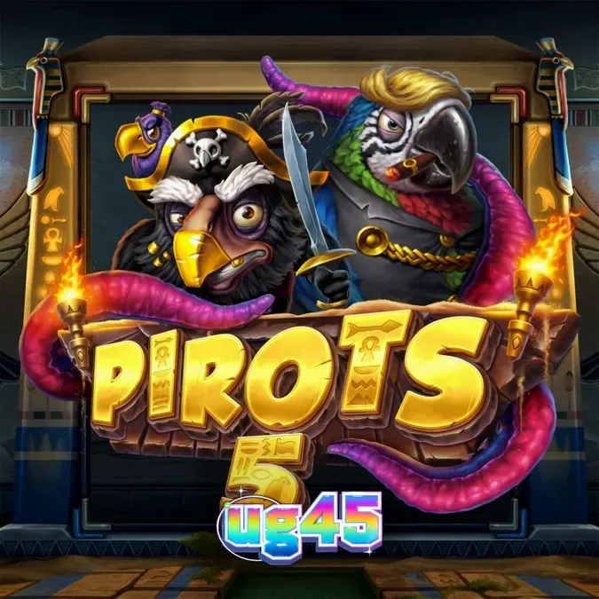 Tampilan visual grid permainan Pirots 5 dengan burung bajak laut dan permata berwarna-warni.